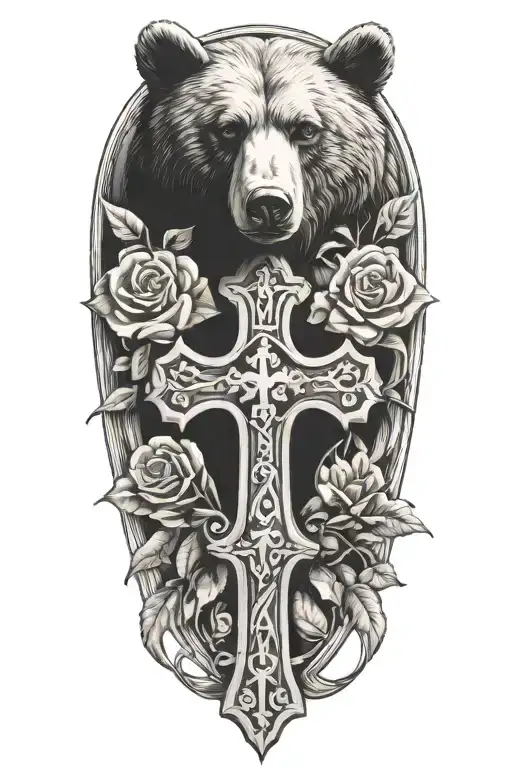 Cross Tattoo With Bear