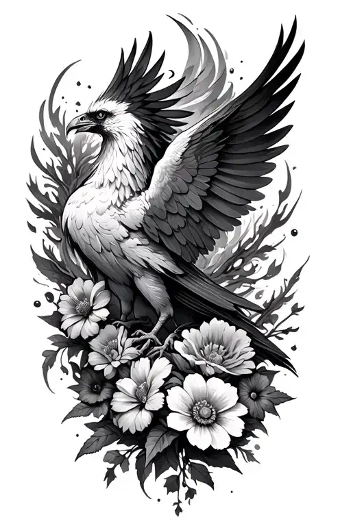 Phoenix Rising From Ashes With 8 Different Flowers As A Forearm