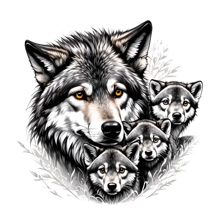 Wolf And 4 Cubs