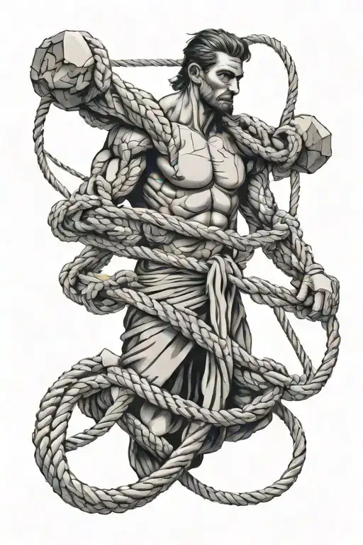 Man Tied To Three Rocks By Rope Intertwined