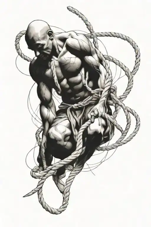 Man Tied To Three Rocks By Rope Intertwined