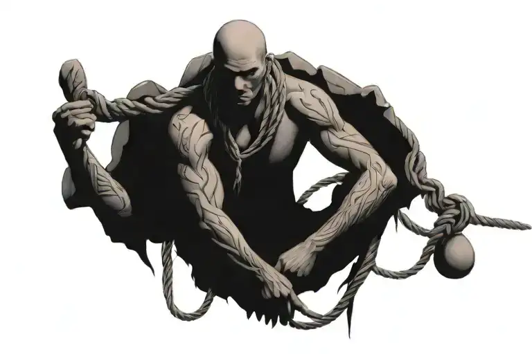 Man Tied To Three Rocks By Rope Intertwined