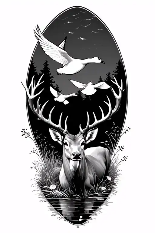 Whitetail Deer With Flying Ducks Flying In A Forest Landscape