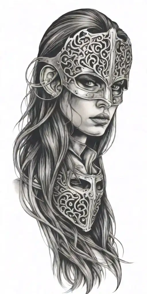 Woman With Iron Mask She Has Long Hair And There's Fire