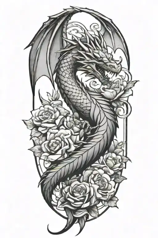Fantasy Wyvern With Sword And Flowers