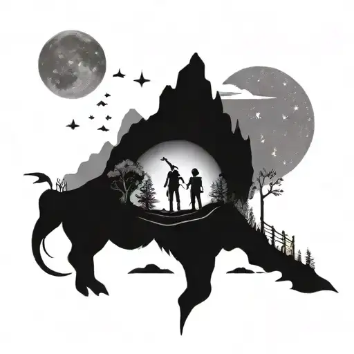 An Outdoor Adventure Scene With Friends Exploring A Mythical Landscape Under A Starry Sky