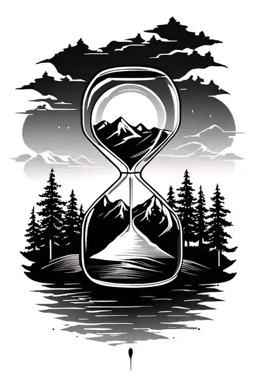 Hourglass With Sun Mountain And Trees