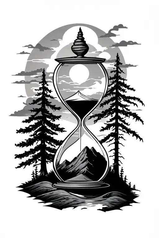 Hourglass With Sun Mountain And Trees
