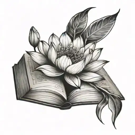 Fine Line Delicate Lotus Flower And Open Book Surrounded