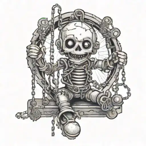 A Black And Grey Outline Drawing Of A Broken Puppet Marionette That Has Chains For Strings On Fire