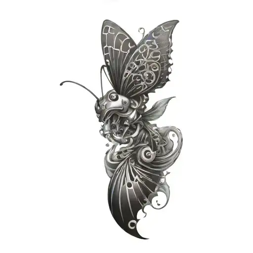 Mechanical Butterfly And Dark Axolotl Vibrant Background