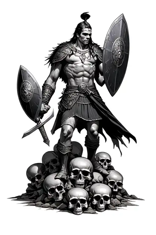 Gladiator With Sword In One Hand And Shield In The Other Standing On A Pile Of Skulls