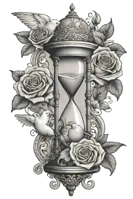 Hourglass With Roses Wrapped Around It And Dove Two Doves Flying Above It