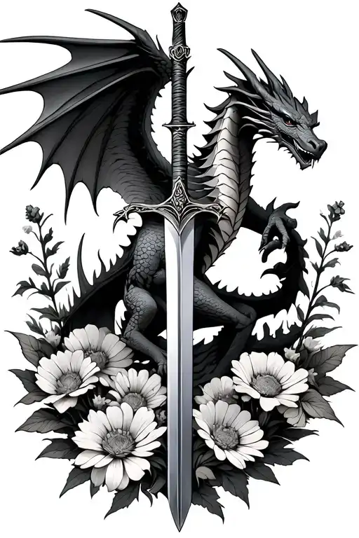 Winged Dragon Surrounded By Wildflowers With An Upright Sword Behind It