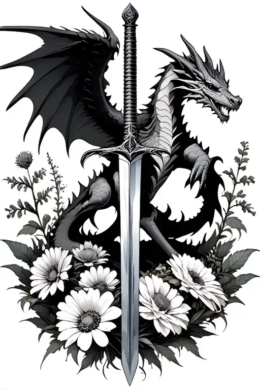 Stoic Winged Dragon Surrounded By Multiple Kinds Of Wildflowers With An Upright Sword Behind It