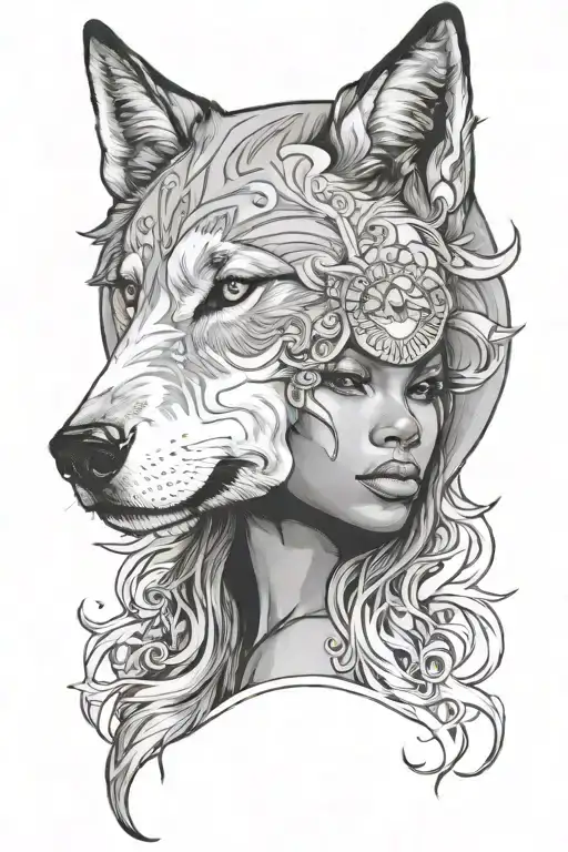 Half Wolf Half Black Woman Face