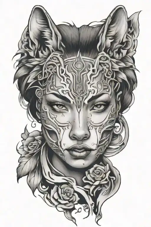 Black Woman Face Broken With Wolf Inside