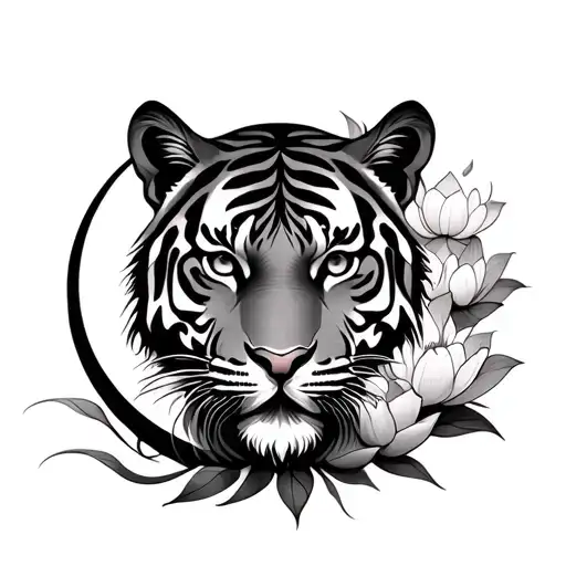 A Crescent Moon With A Tiger Head And Lotus Flower