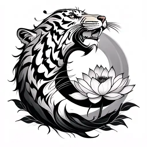A Crescent Moon With A Tiger Head And Lotus Flower