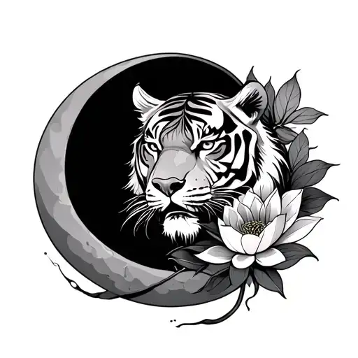 A Tiger Head Inside A Crescent Moon And Lotus Flower