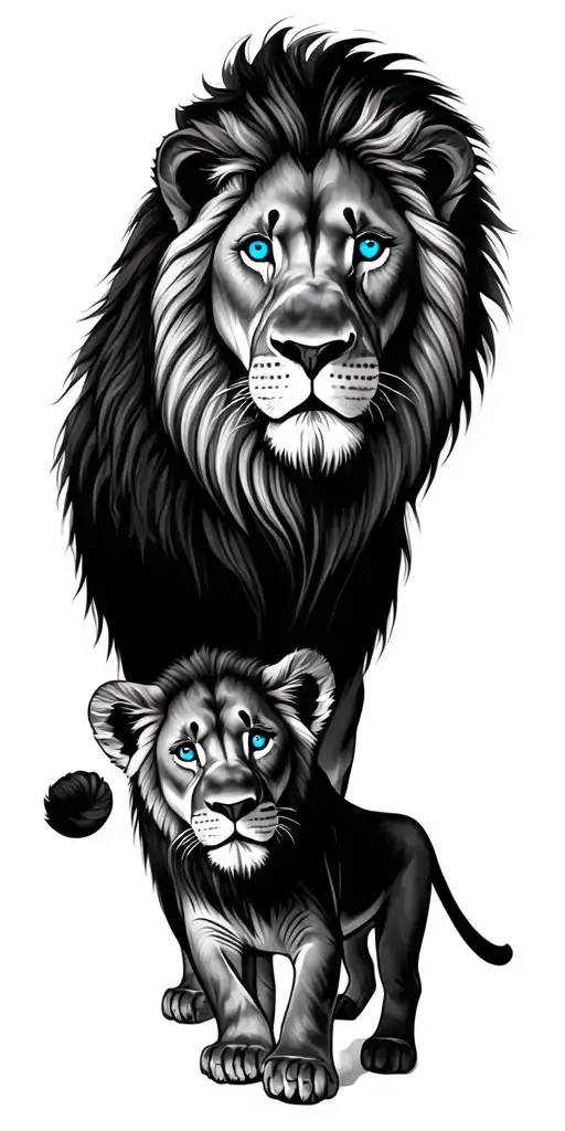 Lion Adult And Cub With Blue Eyes To Represent Father And Son