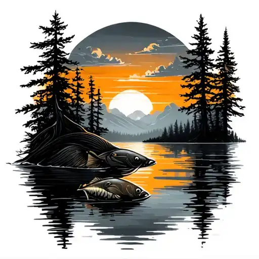 Fish And Trees Colors Sunset Over Lake