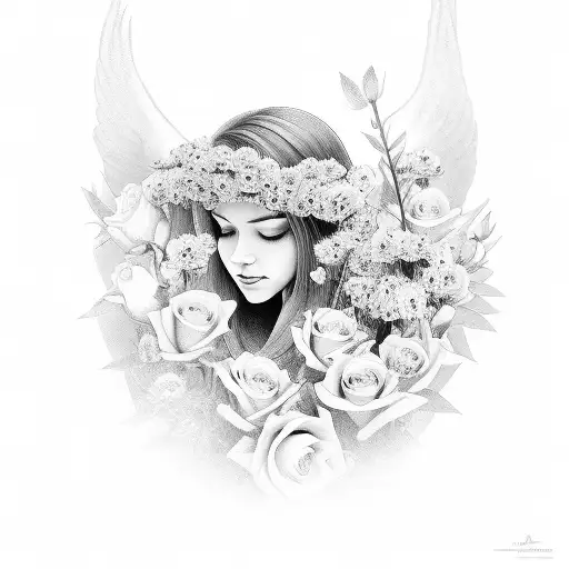 Female Angle Kneeling Holding 6 Flowers With A Male Angle Next To Her Holding Her