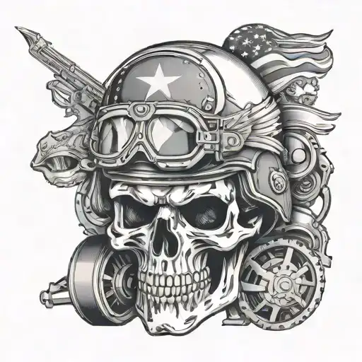 A Skull Wearing A Military Helmet Adorned With Patriotic Symbols And Motorcycle Gears