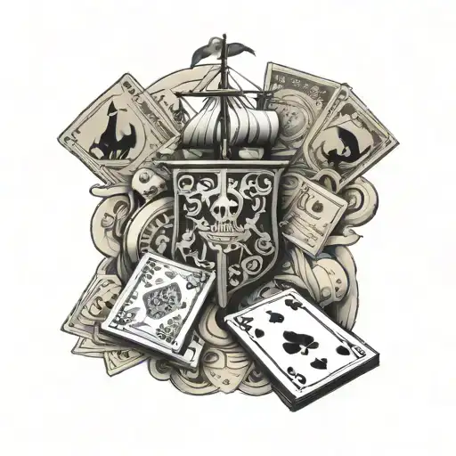 Playing Cards Surrounded By Money And Ship Accessories