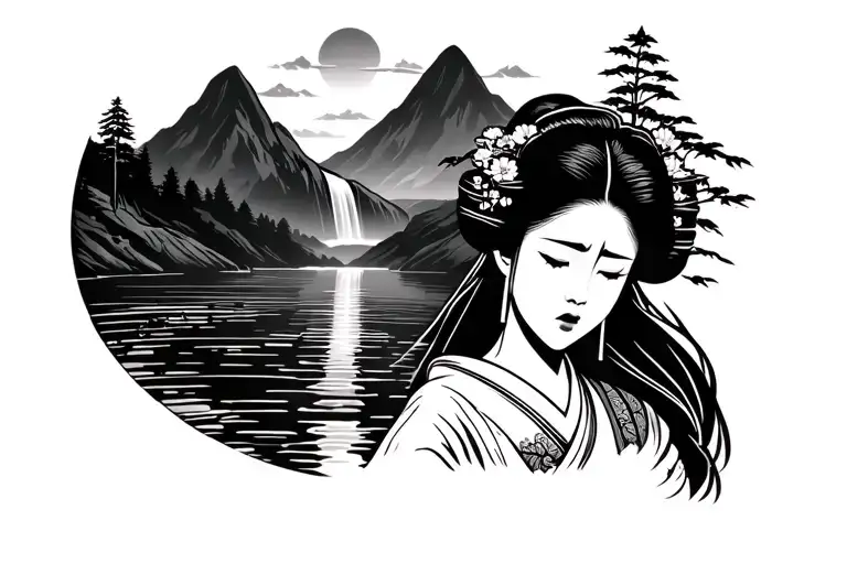 Geisha Crying Woman Standing Near A River Flowing And A Waterfall In A Mountain Landscape