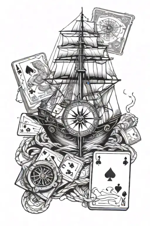 Playing Cards Surrounded By Money With Ship Ropes And A Compass