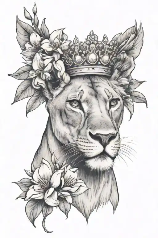 Lioness Wearing A Crown Surrounded By Magnolia Flowers