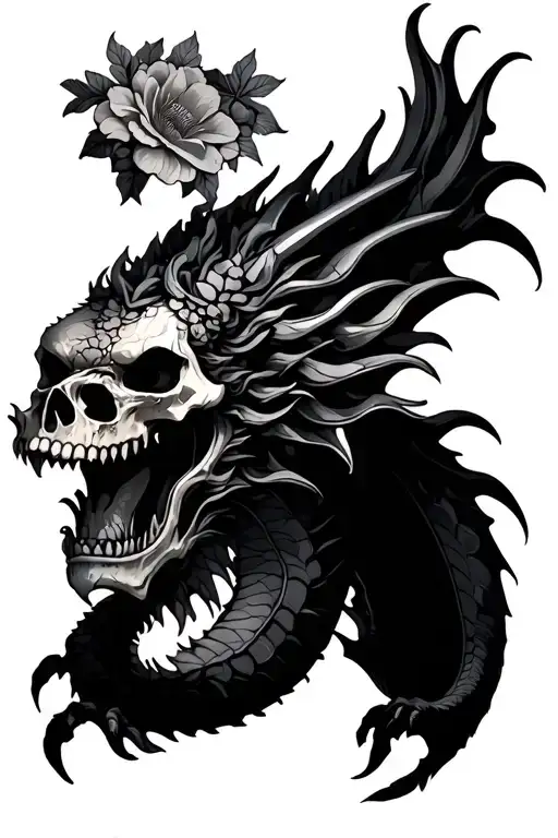 Dragon With Skulls And Flowers
