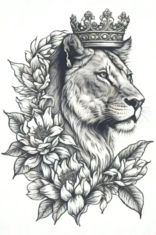 Lioness Wearing A Crown Surrounded By Large Magnolia Flowers