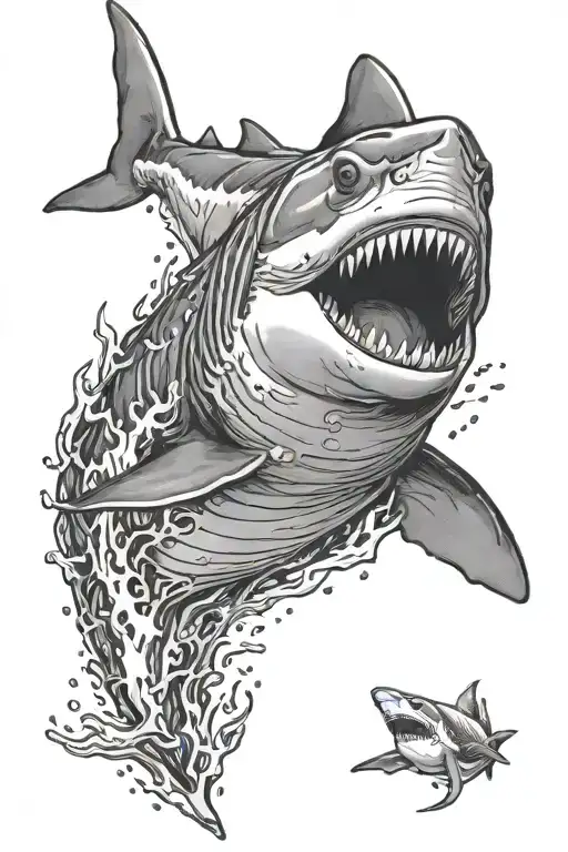 Shark Breaching Water With Teeth Floating Down In The Water