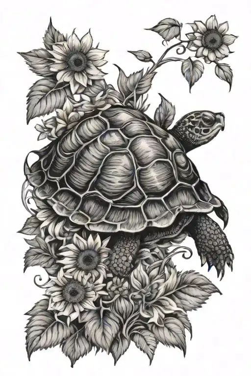 Turtle Crawling Through Sunflowers Garden Scene