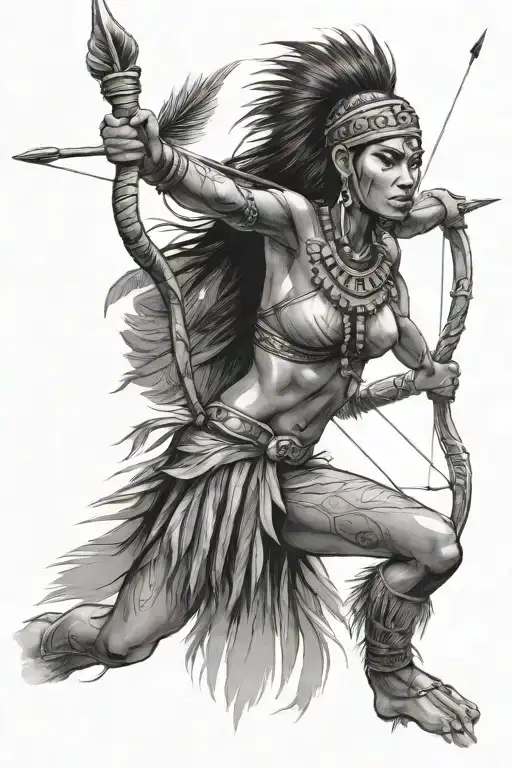 Taino Woman Afer A Victory Standing On A Ledge With A Spear And Bow & Arrow