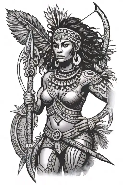 Taino Woman Afer A Victory Standing On A Ledge With A Spear And Bow & Arrow