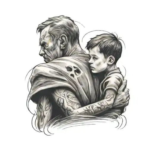 A Boy Looking Upset With The Ghost Of His Father Watching Over Him With His Hand On His Back