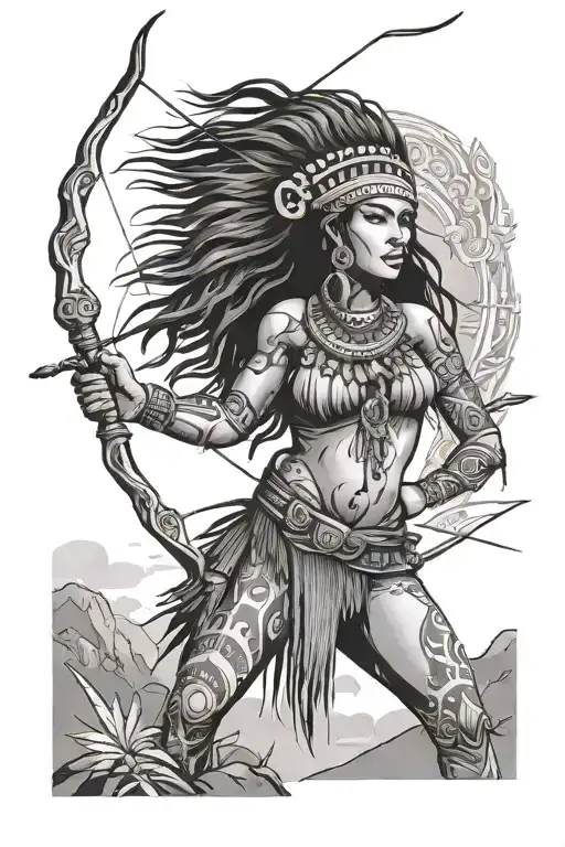 Taino Woman Afer A Victory Standing On A Cliff With A Spear And Bow & Arrow