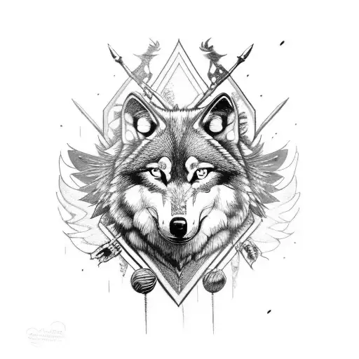 Wolf Head With Big Wings And Arrows
