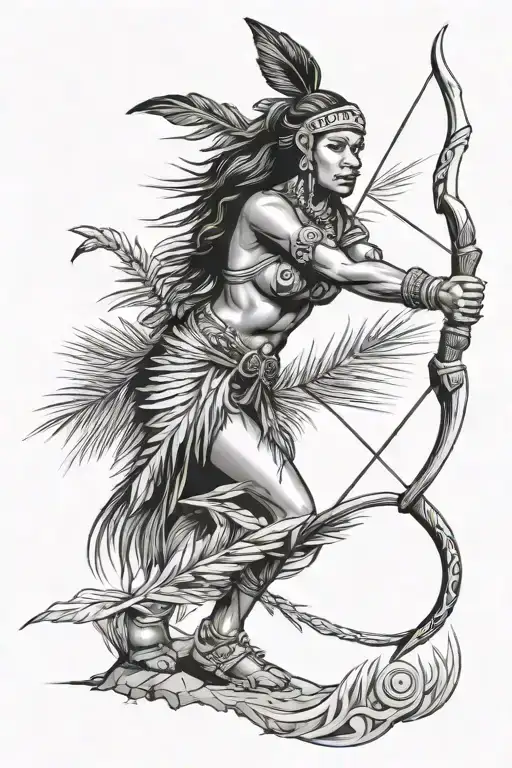 Taino Woman Afer A Victory Standing On A Ledge With A Spear And Bow & Arrow