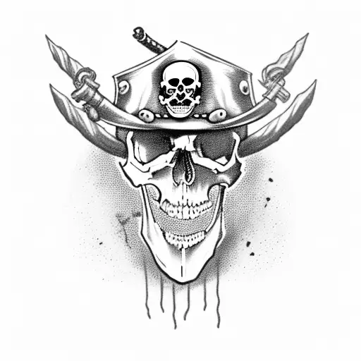 A Skull Wearing A Pirate Hat With Crossed Fire Axes Behind It