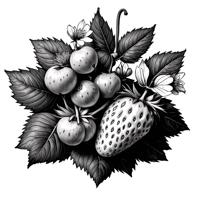 Strawberry Plant With Berries And Blossoms And Leaves