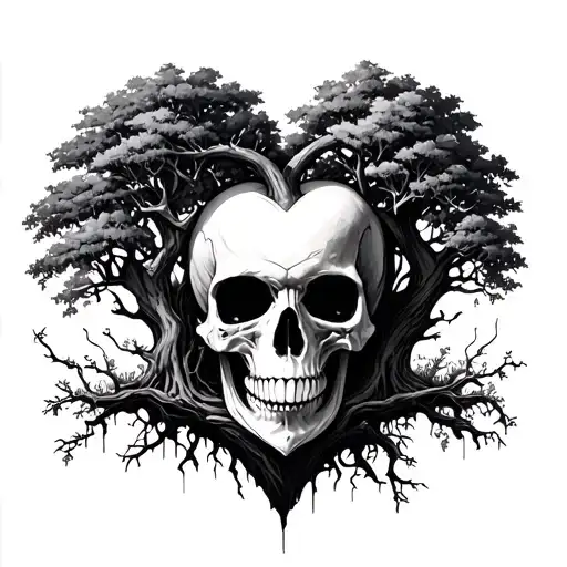 Skull Facing And Tree Growing Out Of It Under A Heart That Stopped Beating