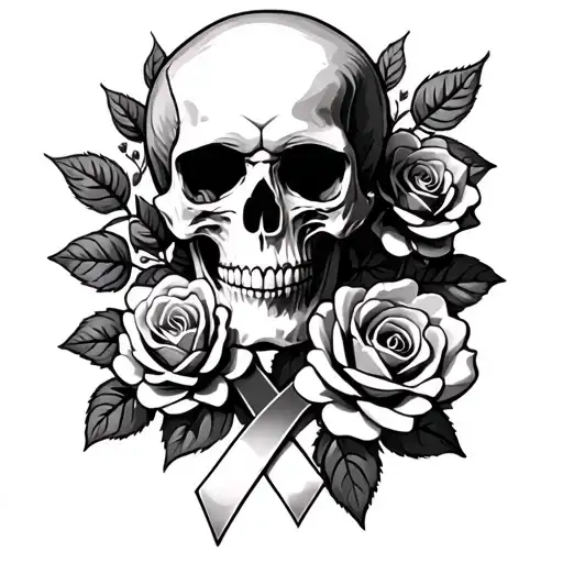 Skull And Roses With Cancer Ribbon As Rose Vine