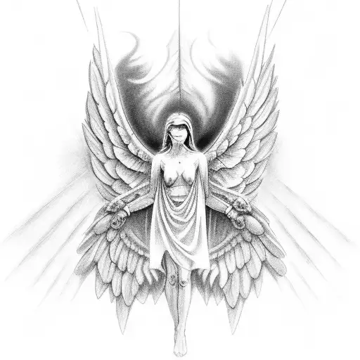 A Black And Grey Angel With A Halo And 777 On Its Chest