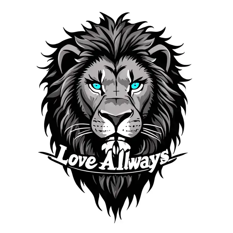Scary Lion With Blue Eyes And The Words Love Always And A Cross