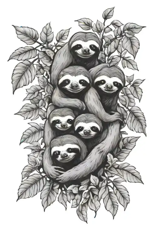 Three Sloths In Tree Surrounded By Leaves And Foliage