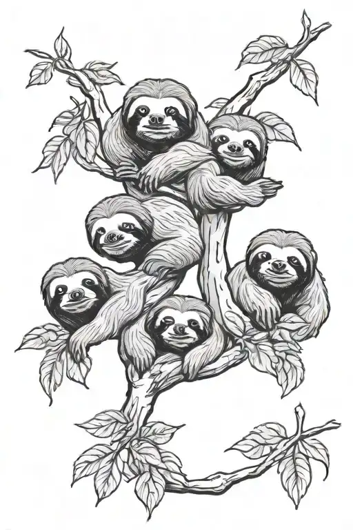 3 Sloths Hanging In Tree With Leaves